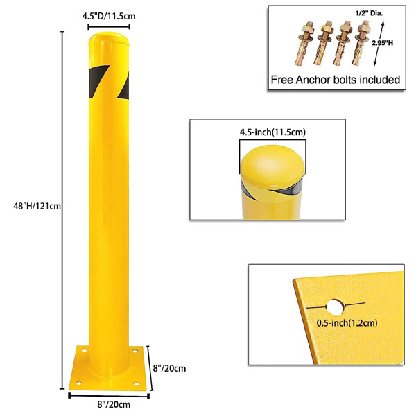 安全系缆桩，48 英寸高系缆桩立柱，黄色粉末涂层安全停车栏杆立柱，带 4 个锚固螺栓，适用于高流量区域的钢制安全管式系缆桩（2 件）-2