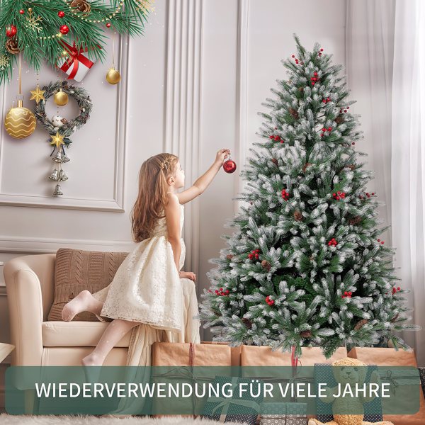 人造圣诞树 120 厘米密实树枝优质 PE/PVC 圣诞树，带松果和红色浆果，木架-7
