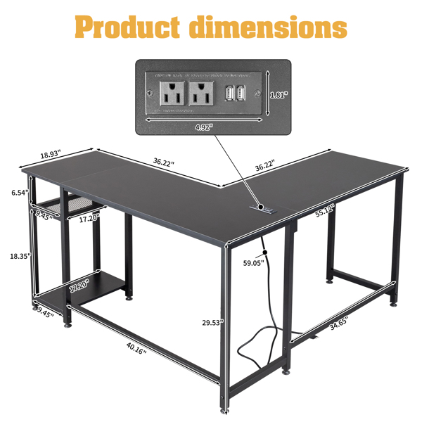  黑色 刨花板贴三胺 L型 140*140*75 电脑桌 带2个USB 2个电源接口 1pc S001-18