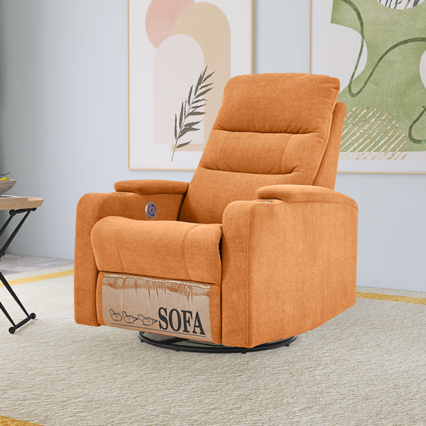 旋转摇椅沙发椅，带 USB 充电端口和杯架，适用于客厅、卧室，浅橙色-2
