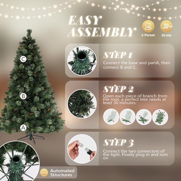  6ft 绿色 500灯 暖色9模式带遥控器 900枝头 带松针 自动树结构 PE PVC材质 圣诞树 美规 S101-3