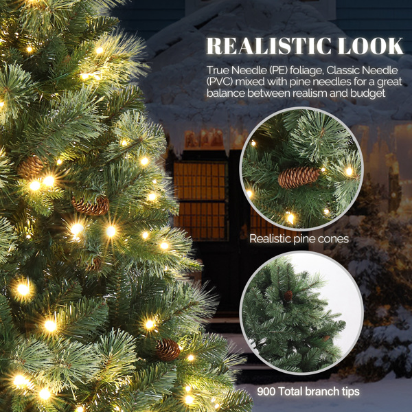  6ft 绿色 500灯 暖色9模式带遥控器 900枝头 带松针 自动树结构 PE PVC材质 圣诞树 美规 S101-2