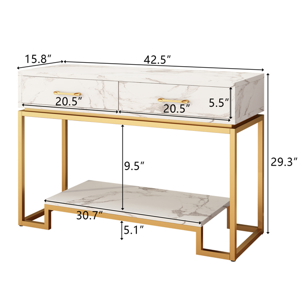  2层2抽 玄关桌 密度板贴三胺 铁件 108*40*76cm 白色大理石面 金色框架 N001-12