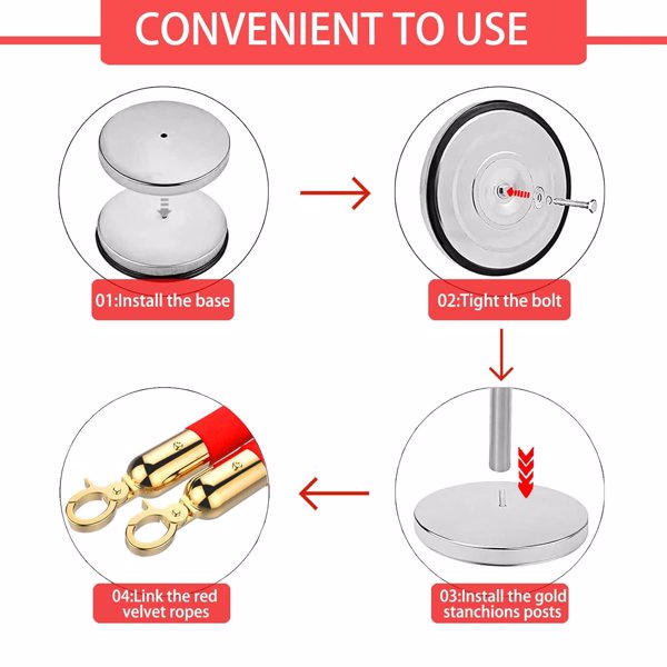 支柱和绒绳，红地毯绳索和杆 5 英尺/1.5 米，不锈钢支柱柱，绳索安全屏障（银色-4 个）-5