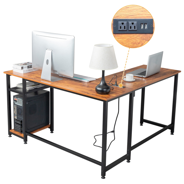  复古色 刨花板贴三胺 L型 140*140*75 电脑桌 带2个USB 2个电源接口 1pc S001-10