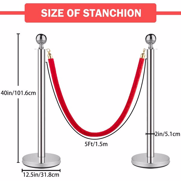 支柱和绒绳，红地毯绳索和杆 5 英尺/1.5 米，不锈钢支柱柱，绳索安全屏障（银色-4 个）-2