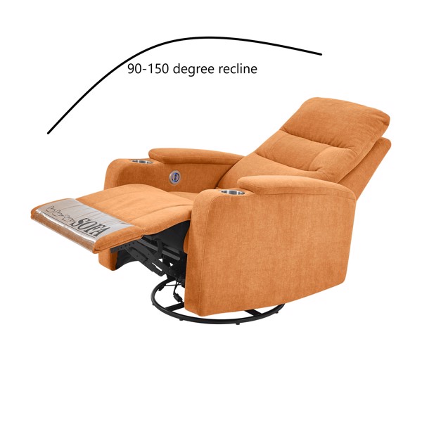 旋转摇椅沙发椅，带 USB 充电端口和杯架，适用于客厅、卧室，浅橙色-5