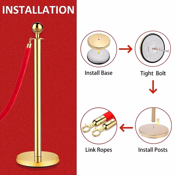金色支柱和天鹅绒绳索，红色地毯绳索和杆 5 英尺/1.5 米，不锈钢支柱柱，绳索安全屏障（金色-4 个）-5