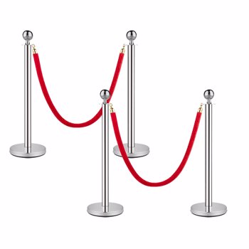 支柱和绒绳，红地毯绳索和杆 5 英尺/1.5 米，不锈钢支柱柱，绳索安全屏障（银色-4 个）