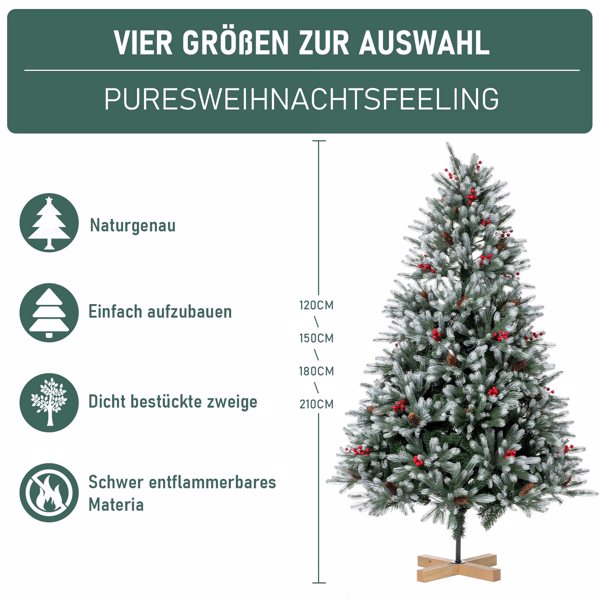 人造圣诞树 180 厘米密实树枝优质 PE/PVC 圣诞树，带松果和红色浆果，木架-3