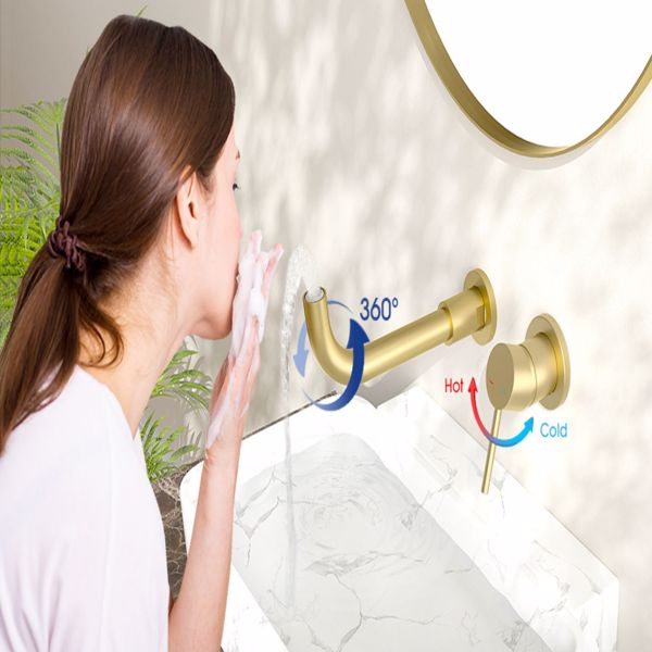浴室水槽或浴缸的壁挂式水龙头，单柄，包括3孔黄铜粗糙阀门，刷金-15