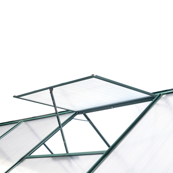 6*8FT 4mm双层中空PC阳光板 绿色 阳光板花房 1mm铝合金框架&镀锌钢板 尖顶 单扇滑动门 1个手动顶窗 N001-12