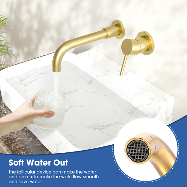 浴室水槽或浴缸的壁挂式水龙头，单柄，包括3孔黄铜粗糙阀门，刷金-18