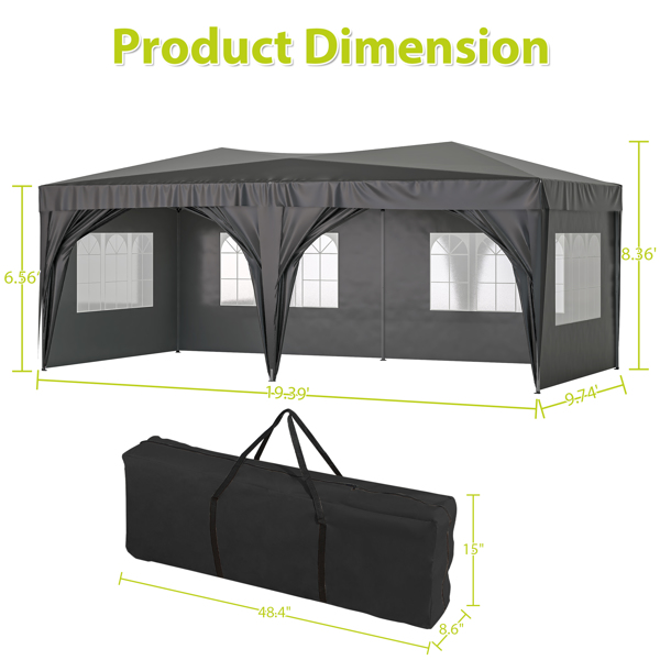3x6米（10x20英尺）重型遮阳篷，带钢架手提包，黑色-10