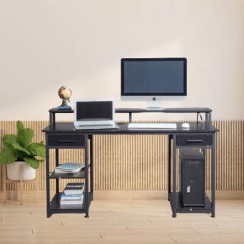  黑色木纹 刨花板 带无纺布抽 140*50*86cm 多层架 电脑桌 带电插座2个USB 2个电源接口 N001