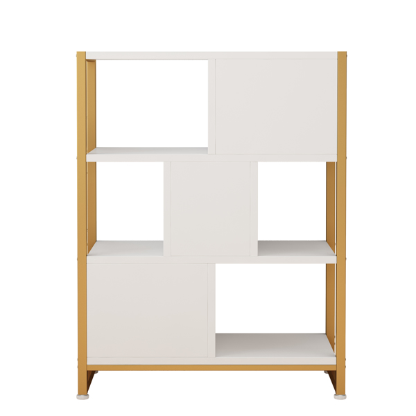  4层带3抽高脚 书架 刨花板 铁架 无纺布 80*30*103cm 金色框架 白色板材 N001-7