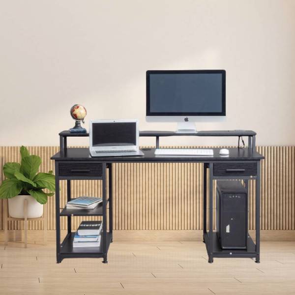  黑色木纹 刨花板 带无纺布抽 140*50*86cm 多层架 电脑桌 带电插座2个USB 2个电源接口 N001-7
