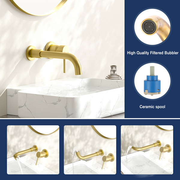 浴室水槽或浴缸的壁挂式水龙头，单柄，包括3孔黄铜粗糙阀门，刷金-4