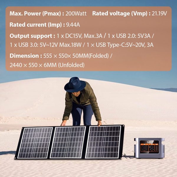 发电机 200W 可折叠太阳能电池板，带 3 个端口 - USB C 型，200.00 千瓦，（2 部分），USB 2.0，USB 3.0 - 适用于户外露营和房车-12