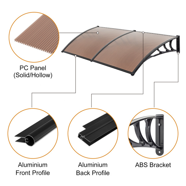 200*100cm 棕色板黑色支架 雨篷 ABS支架 一片式阳光板 前后铝条-12