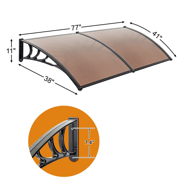 200*100cm 棕色板黑色支架 雨篷 ABS支架 一片式阳光板 前后铝条-11