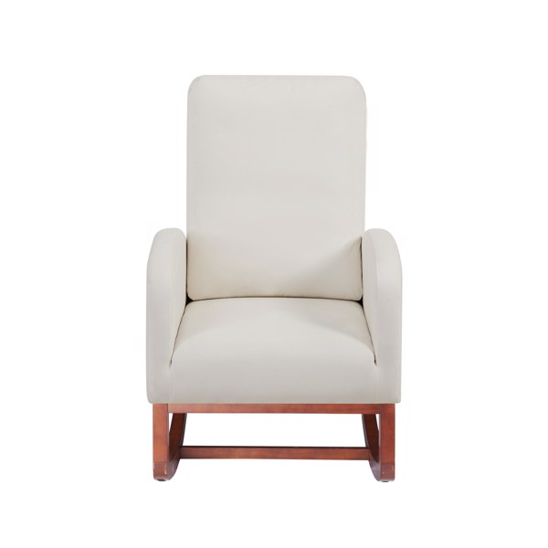 米色，高背侧袋绒布木质室内摇椅，棕色腿部-4