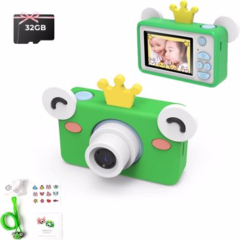 儿童数码相机， 32MP1080P照相机， 2英寸屏幕， 32GB内存卡， 绿色