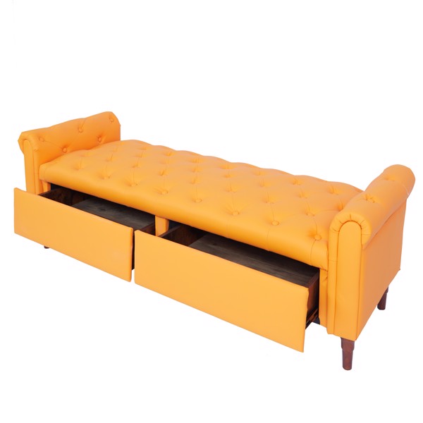 橙黄色，多功能收纳储物沙发凳，Pu皮革带扶手-3