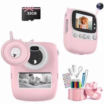 儿童相机、数码相机、即时相机打印、3 卷打印纸、5 色毛笔笔礼物，适合 3-12 岁儿童，1080P 2.4 英寸屏幕摄像机，带 32GB 卡，粉色，兔子