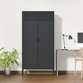 金属储物柜带 2 扇门和 5 个搁板 - 70.87 英寸(约 180 厘米)钢制文件柜,适用于办公室、家庭、车库、健身房、学校的锁定工具柜(黑色）