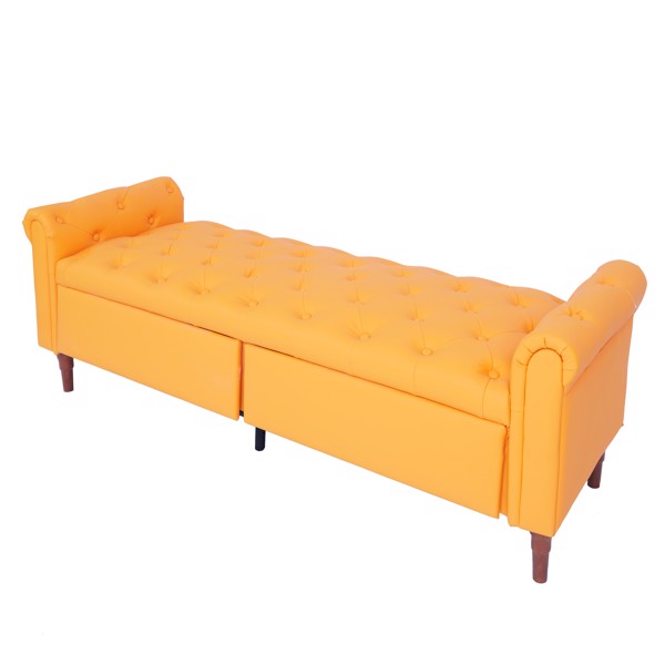 橙黄色，多功能收纳储物沙发凳，Pu皮革带扶手-4
