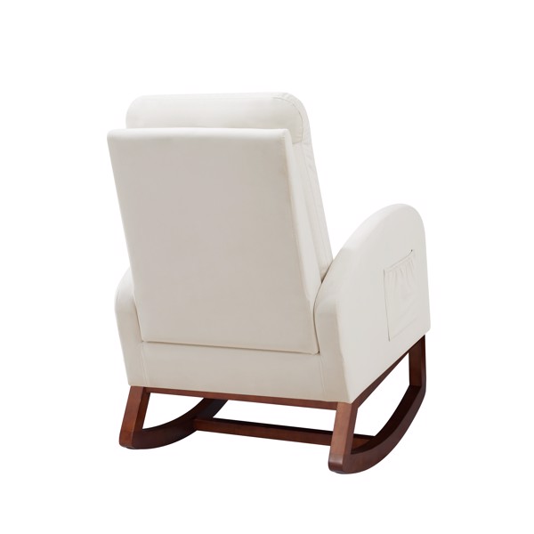 米色，高背侧袋绒布木质室内摇椅，棕色腿部-6