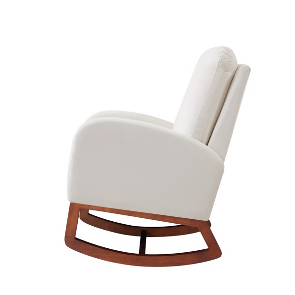 米色，高背侧袋绒布木质室内摇椅，棕色腿部-7
