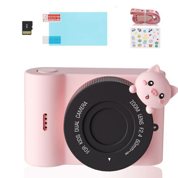 儿童数码相机， 3英寸触摸屏，前后双摄像头， WiFi， 粉猪
