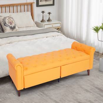 橙黄色，多功能收纳储物沙发凳，绒布带扶手