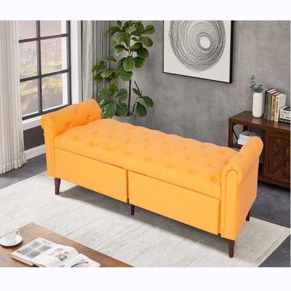 橙黄色，多功能收纳储物沙发凳，Pu皮革带扶手-2