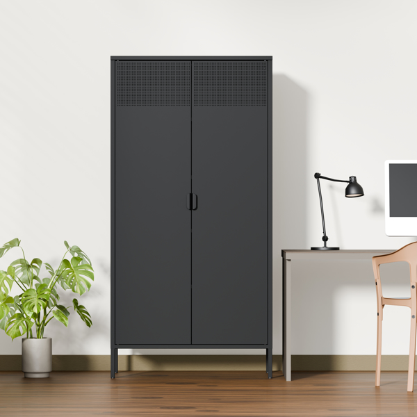 金属储物柜带 2 扇门和 5 个搁板 - 70.87 英寸(约 180 厘米)钢制文件柜,适用于办公室、家庭、车库、健身房、学校的锁定工具柜(黑色）-1