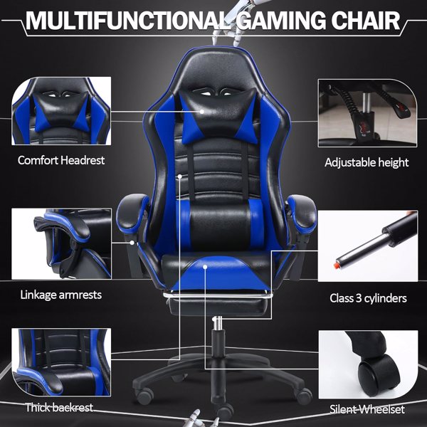 电竞椅，成人电子游戏椅，符合人体工程学，PU皮革，带脚凳和腰部支撑的躺椅办公椅，适合重型人群的舒适电脑椅，蓝色-9