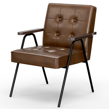 客厅椅，棕色皮革单人椅木质扶手铁架，