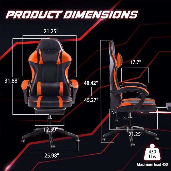 成人用人体工学游戏椅（400磅大高个），适合体重较重人士使用的舒适电脑椅，可调节腰靠背办公椅（带脚踏板），电子游戏椅-1