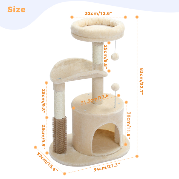 适合室内猫的小型猫树，带互动猫玩具的中型猫塔，带自理美容刷的 32.7 英寸猫公寓，天然猫抓板，适合中小型猫的悬挂球，米色-4