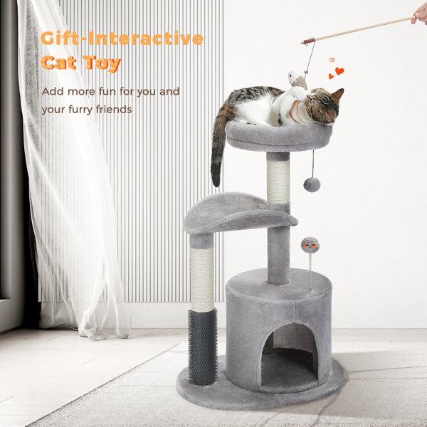 适合室内猫的小型猫树，带互动猫玩具的中型猫塔，带自理美容刷的 32.7 英寸猫公寓，天然猫抓板，适合中小型猫的悬挂球，米色-3