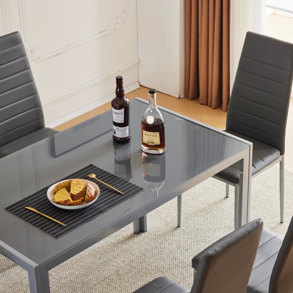 120cm长方形桌腿框架一体餐桌+4pcs高靠背横线缝纫装饰餐椅，现代4人座餐桌椅套装-13