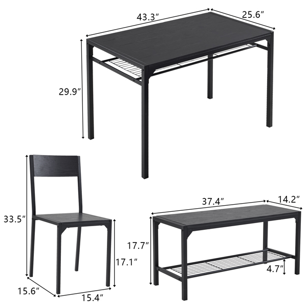 拆装 MDF 黑色铁管 黑色 餐桌椅套装 1桌1长凳2椅 长方形-3