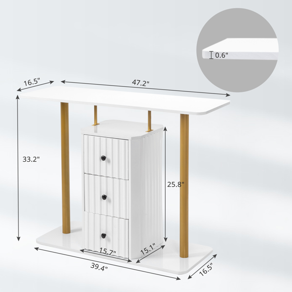  1层3抽异形 玄关桌 密度板贴三胺 铁件 108*40*85cm 白色面板 金色框架 N001-6
