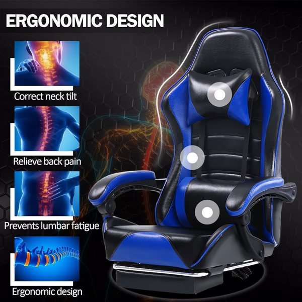 电竞椅，成人电子游戏椅，符合人体工程学，PU皮革，带脚凳和腰部支撑的躺椅办公椅，适合重型人群的舒适电脑椅，蓝色-8