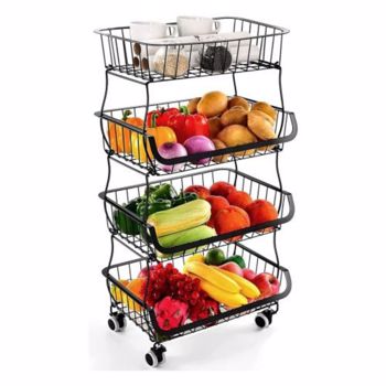 厨房用水果蔬菜收纳篮 - 4 层可堆叠金属丝篮车，带滚轮实用水果架农产品小吃收纳箱 (周末不发货，谨慎下单）