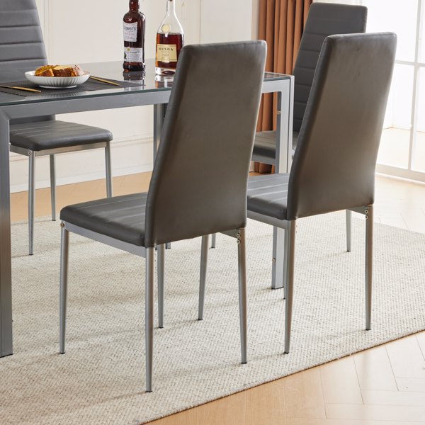 120cm长方形桌腿框架一体餐桌+4pcs高靠背横线缝纫装饰餐椅，现代4人座餐桌椅套装-5