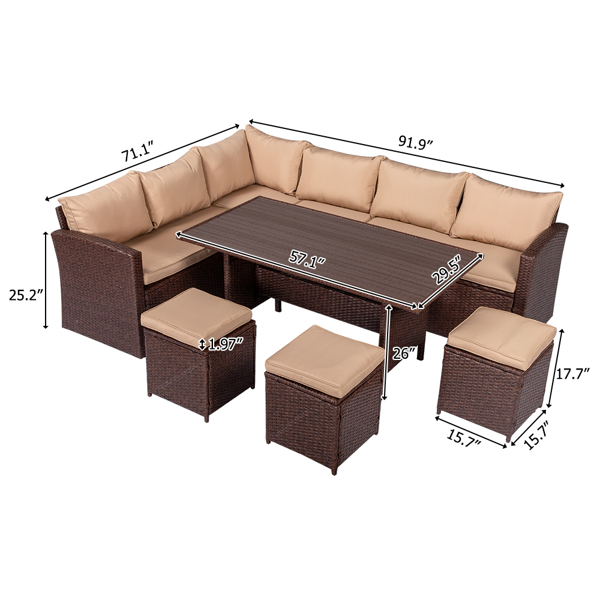  塑木桌八件套 棕色木纹藤 米黄色座垫 -6