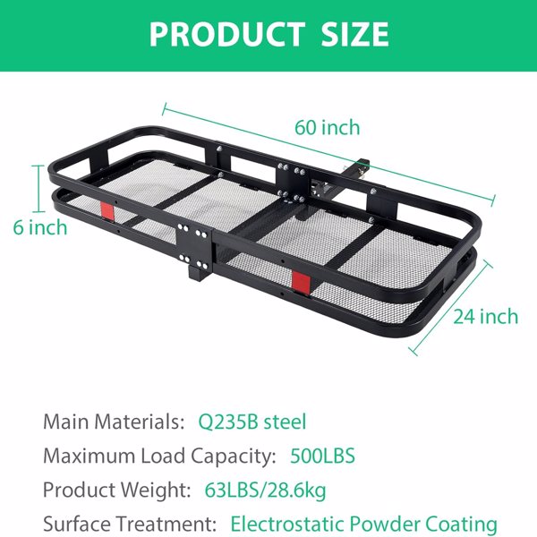 拖车挂钩载货架 500 磅｜重型钢质货篮｜60" X 24" 折叠式货物托架，带防水货物袋、货物网、稳定器，适用于卡车、SUV、RV-3